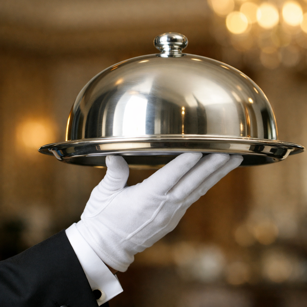 A butler holding up a plate covered with a cloche showing only his hand not his face-1